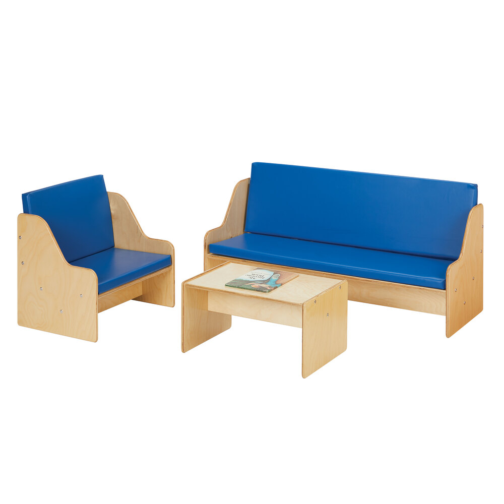 Young Time 7085YT Natural Living Room 3-Piece Set with Padded Blue Seating