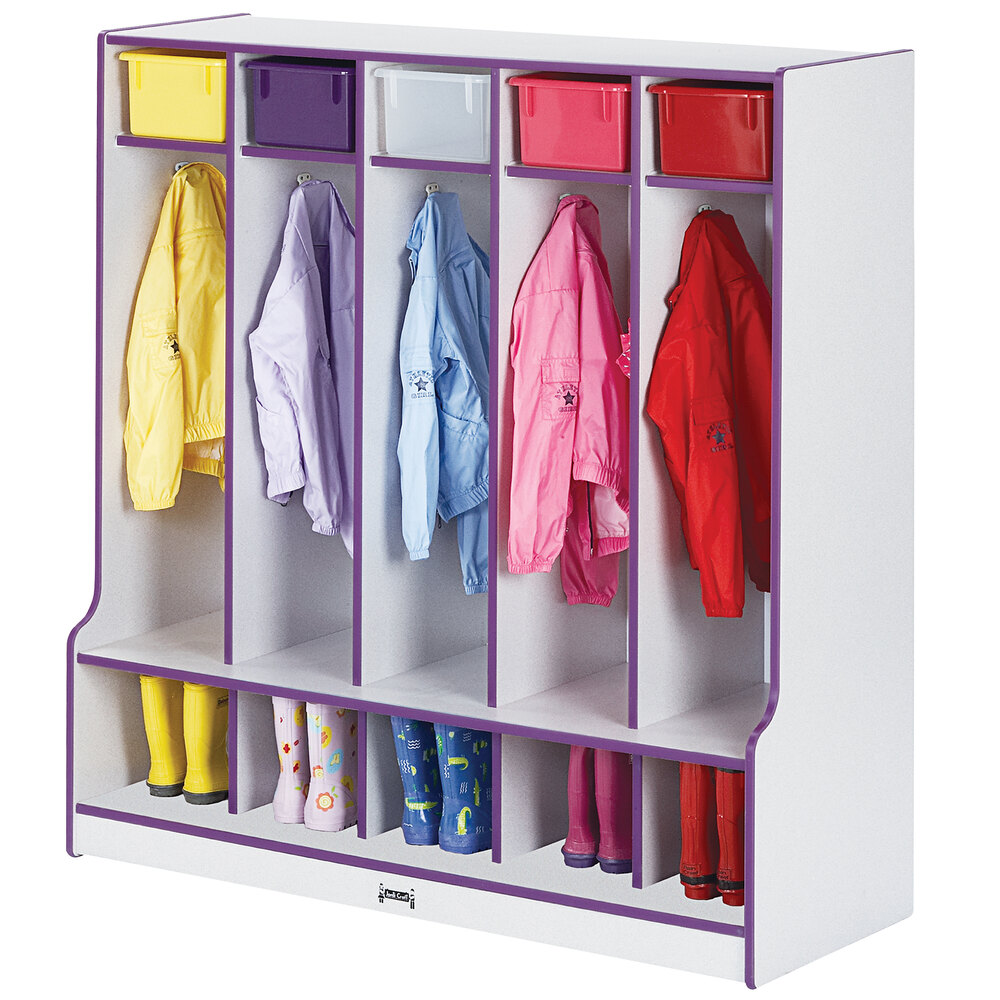 Rainbow Accents 0468JCWW004 48" x 17 1/2" x 50 1/2" 5-Section Purple TRUEdge Freckled-Gray Laminate Coat Locker with Step