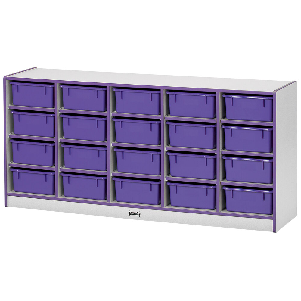 Rainbow Accents 4021JCWW004 24 1/2" x 15" x 29 1/2" Mobile 20-Cubbie Purple TRUEdge Freckled-Gray Laminate Storage Cabinet with Purple Tubs