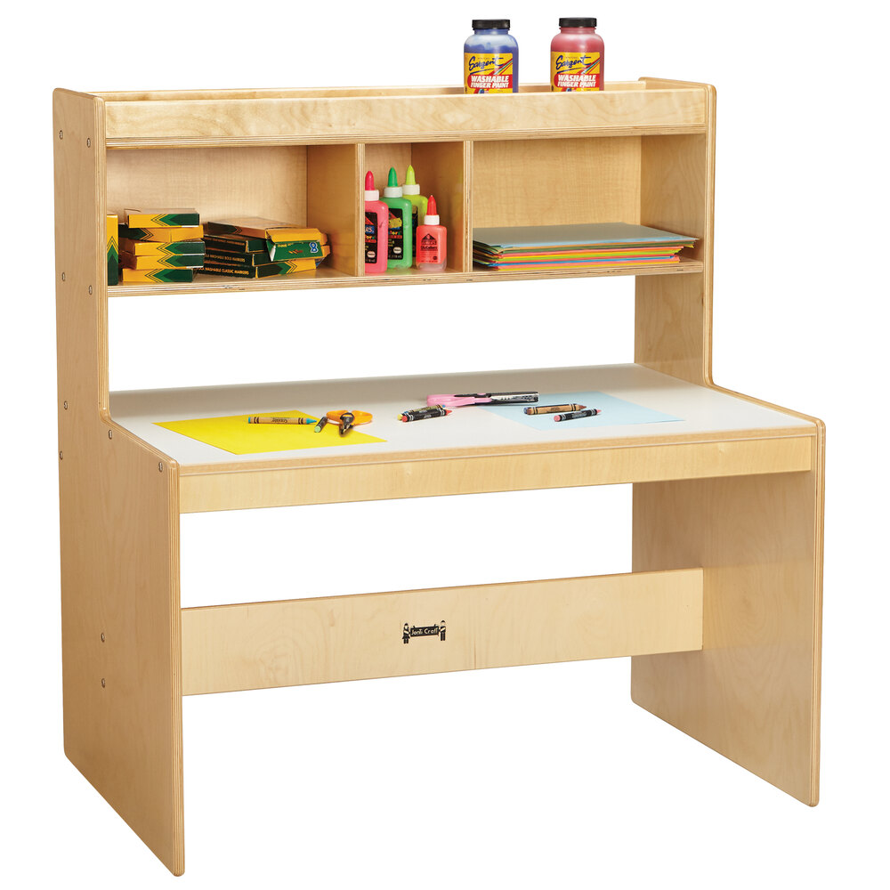 Jonti-Craft Baltic Birch 9522JC 36" x 24" x 38 1/2" Children's Wood Dual Writing Desk with Laminate Top and Overhead Shelf