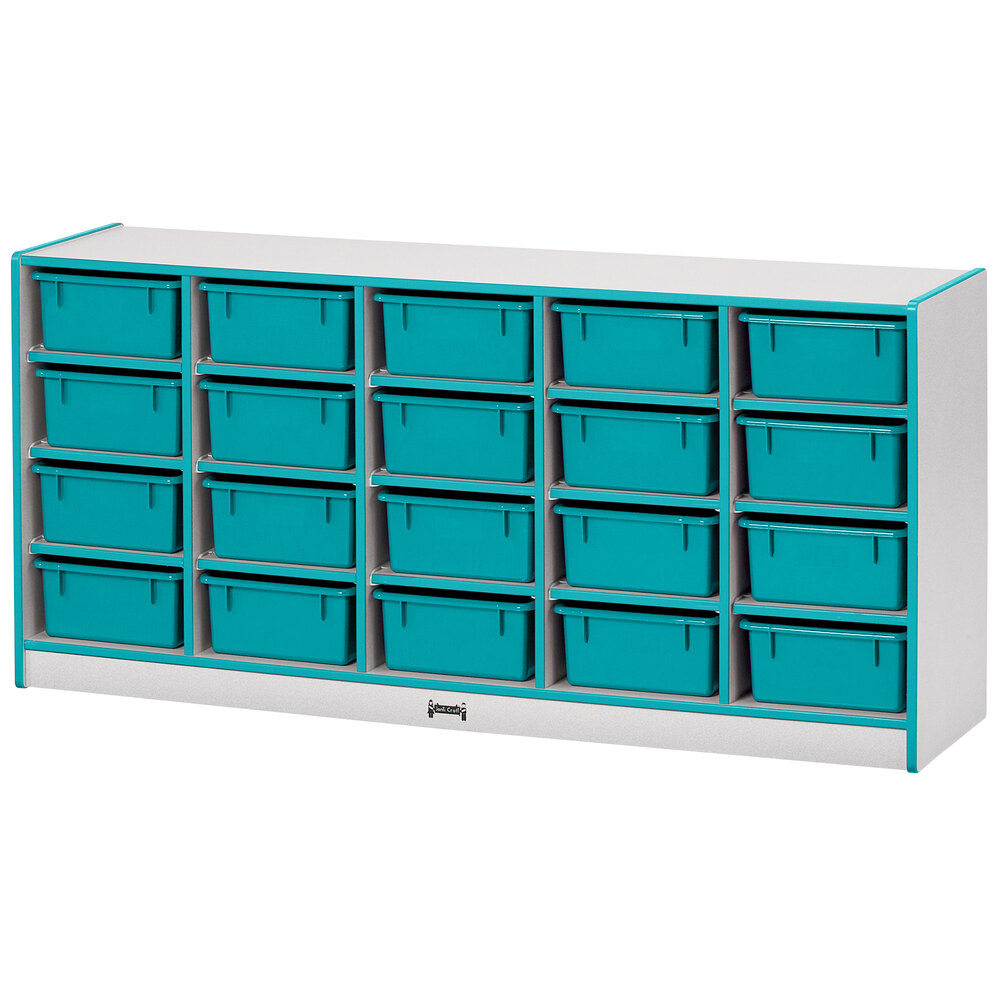 Rainbow Accents 4021JCWW005 24 1/2" x 15" x 29 1/2" Mobile 20-Cubbie Teal TRUEdge Freckled-Gray Laminate Storage Cabinet with Teal Tubs