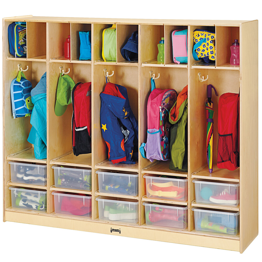 Jonti-Craft Baltic Birch 26858JC 60" x 15" x 50 1/2" Large Locker Organizer with 10 Clear Tubs
