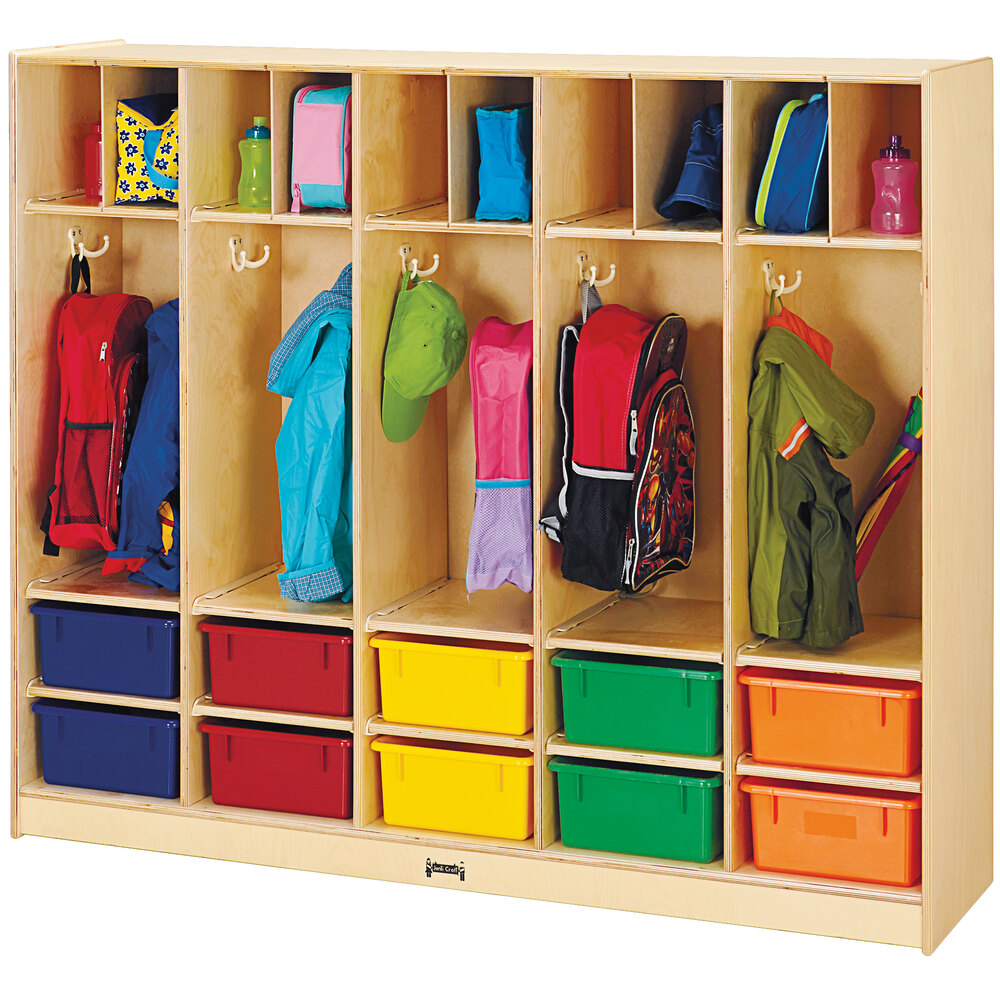 Jonti-Craft Baltic Birch 26857JC 60" x 15" x 50 1/2" Large Locker Organizer with 10 Colored Tubs
