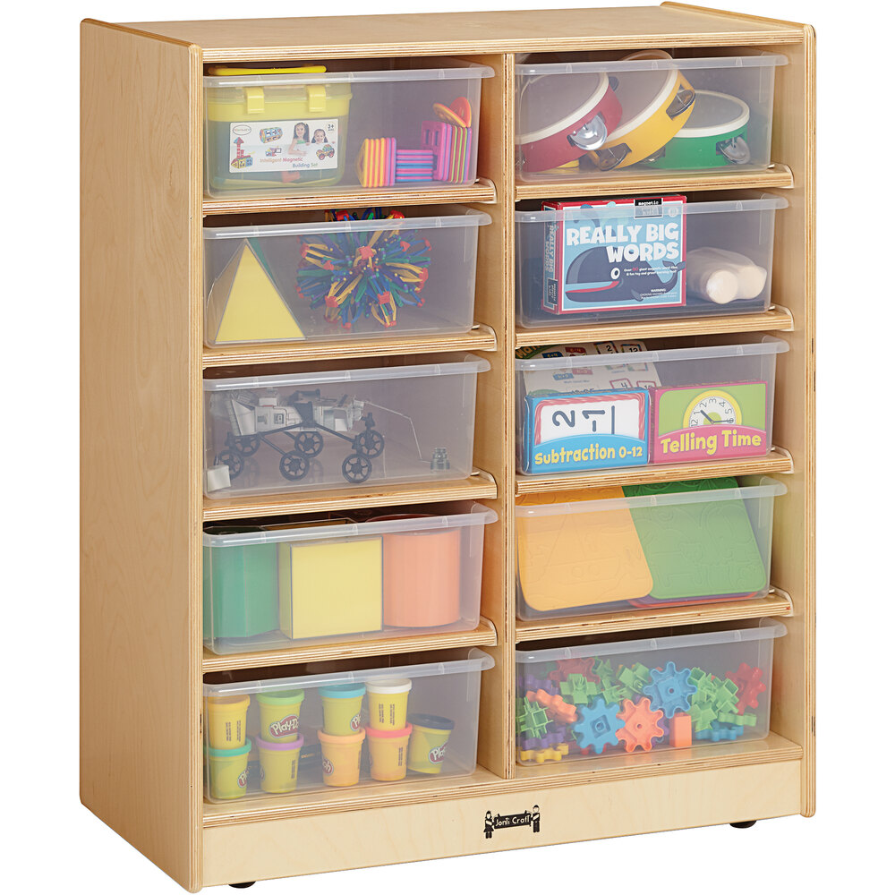 Jonti-Craft Baltic Birch 29150JC 28" 1/2" x 15" x 35 1/2" Mobile 10-Cubbie Wood Storage Cabinet with Clear Tubs