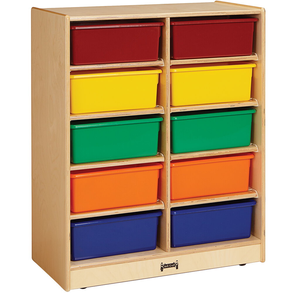 Jonti-Craft Baltic Birch 2915JC 28" 1/2" x 15" x 35 1/2" Mobile 10-Cubbie Wood Storage Cabinet with Colored Tubs