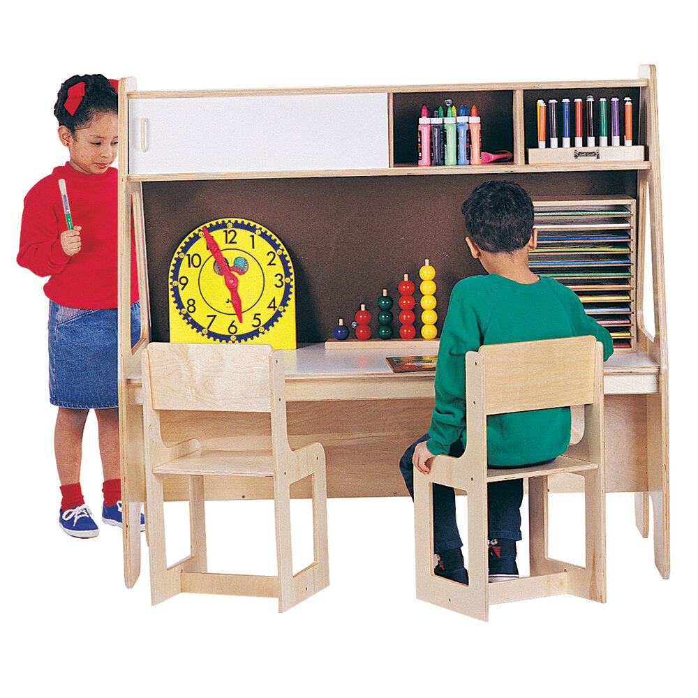 Jonti-Craft Baltic Birch 7821JC 49 1/2" x 29" x 48" Children's Wood Twin Activity Center E-Z Clean Laminate Desktop and Write-n-Wipe Panel Overhead Storage and Easel