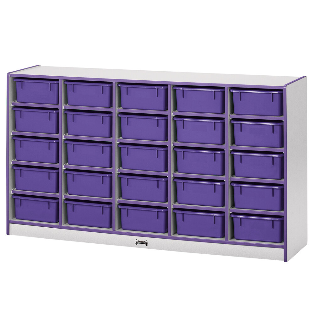 Rainbow Accents 4026JCWW004 60" x 15" x 35 1/2" Mobile 25-Cubbie Purple TRUEdge Freckled-Gray Laminate Storage Cabinet with Purple Tubs