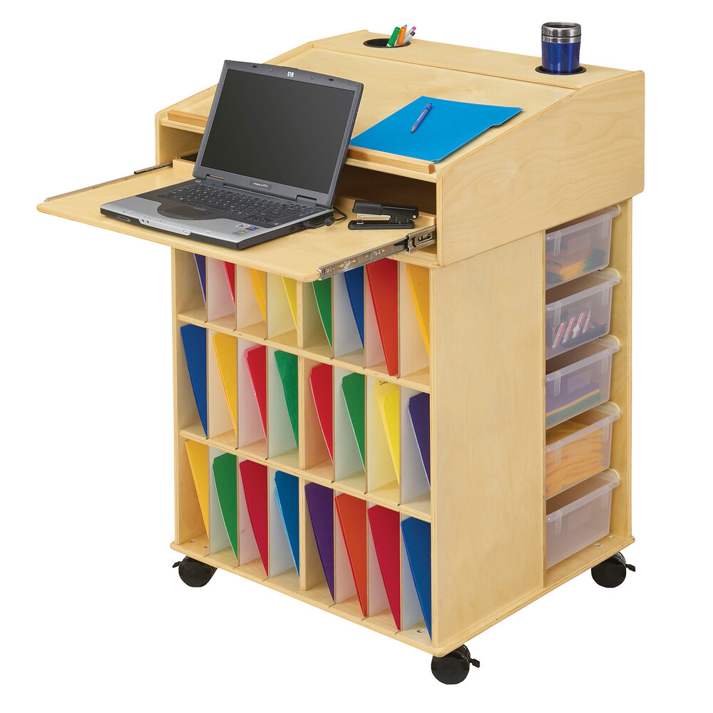 Jonti-Craft Baltic Birch 4136JC 29 1/2" x 26" x 46" Mobile Children's Wood Communication Center with 10 Storage Tubs