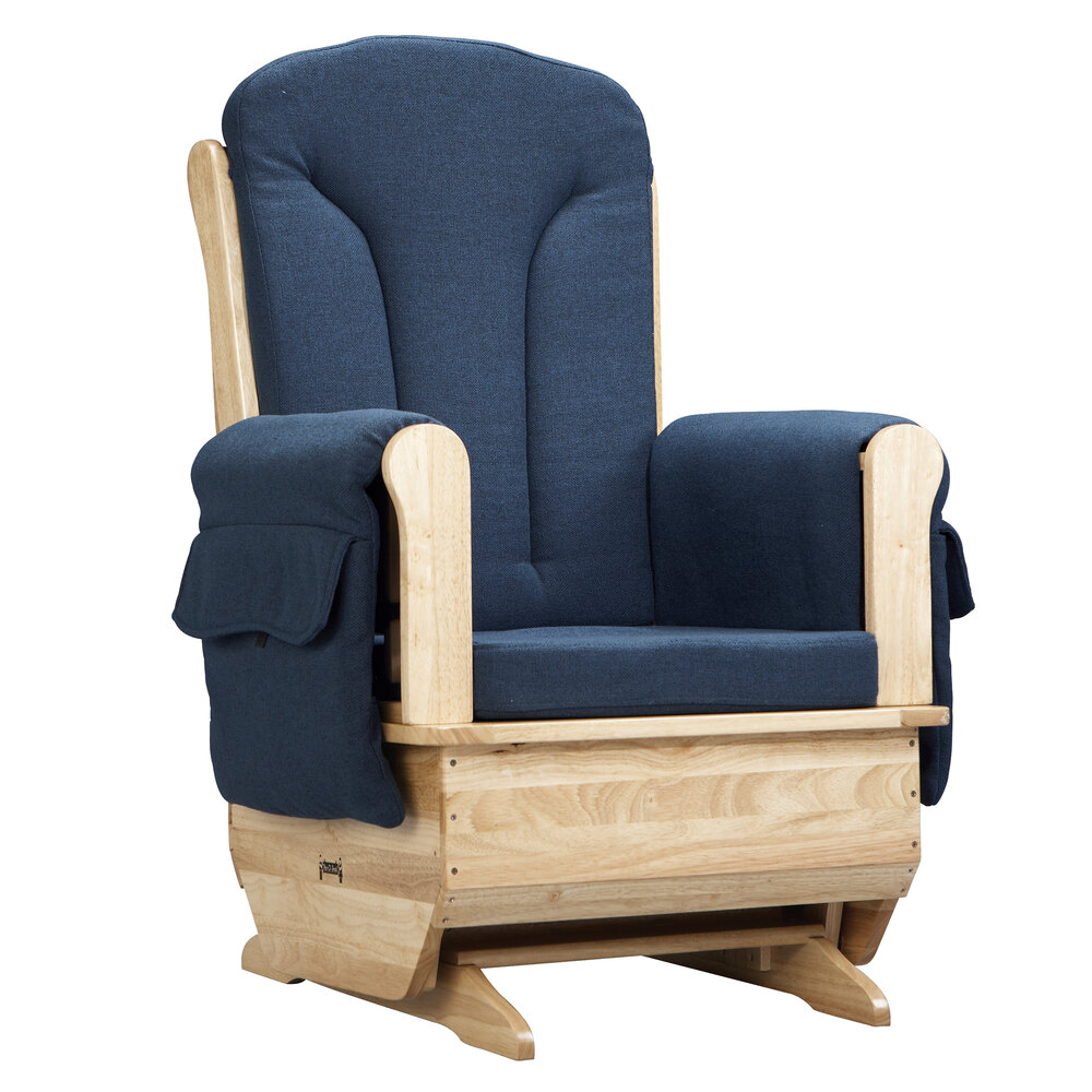 Jonti-Craft Baltic Birch 8150JC 30" x 23 1/2" x 43 1/2" Wood Glider Rocker with Blue Cushions