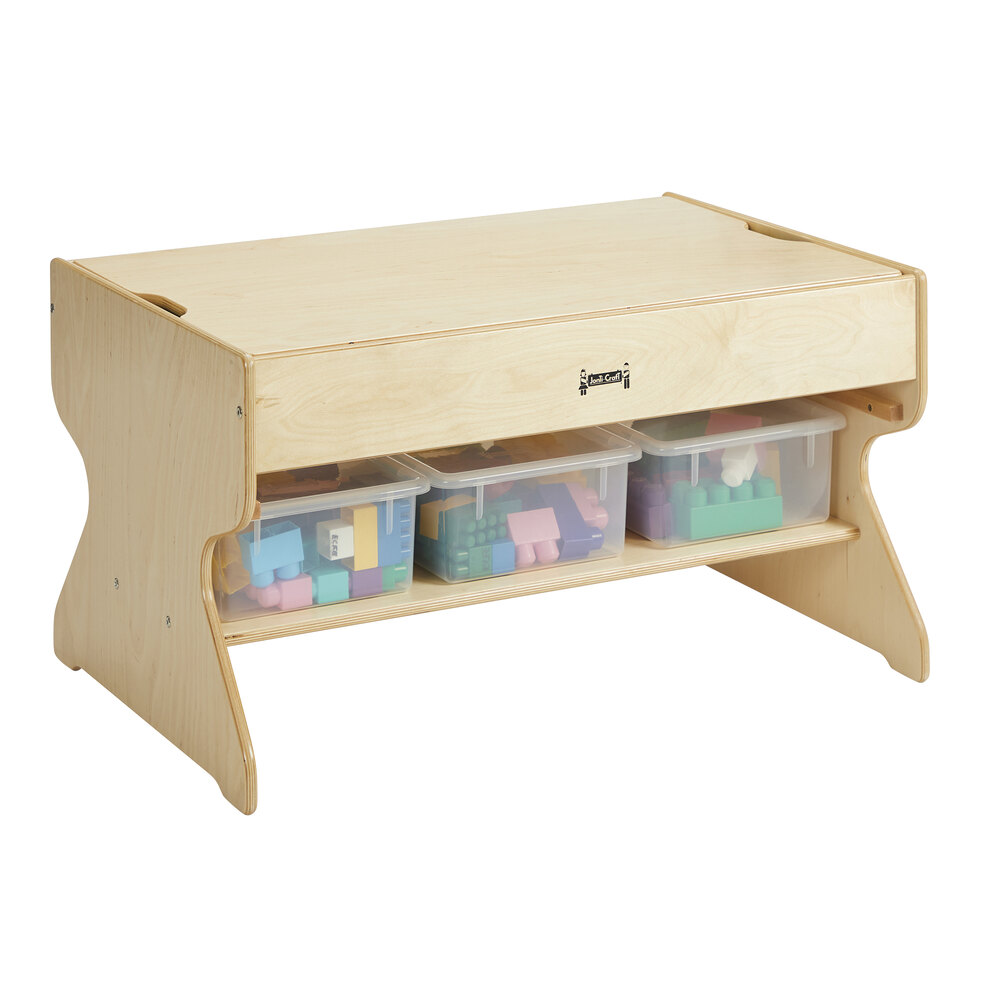 Jonti-Craft Baltic Birch 5726JC 35" x 24" x 19 1/2" Deluxe Traditional Brick Building Table with 3 Clear Tubs