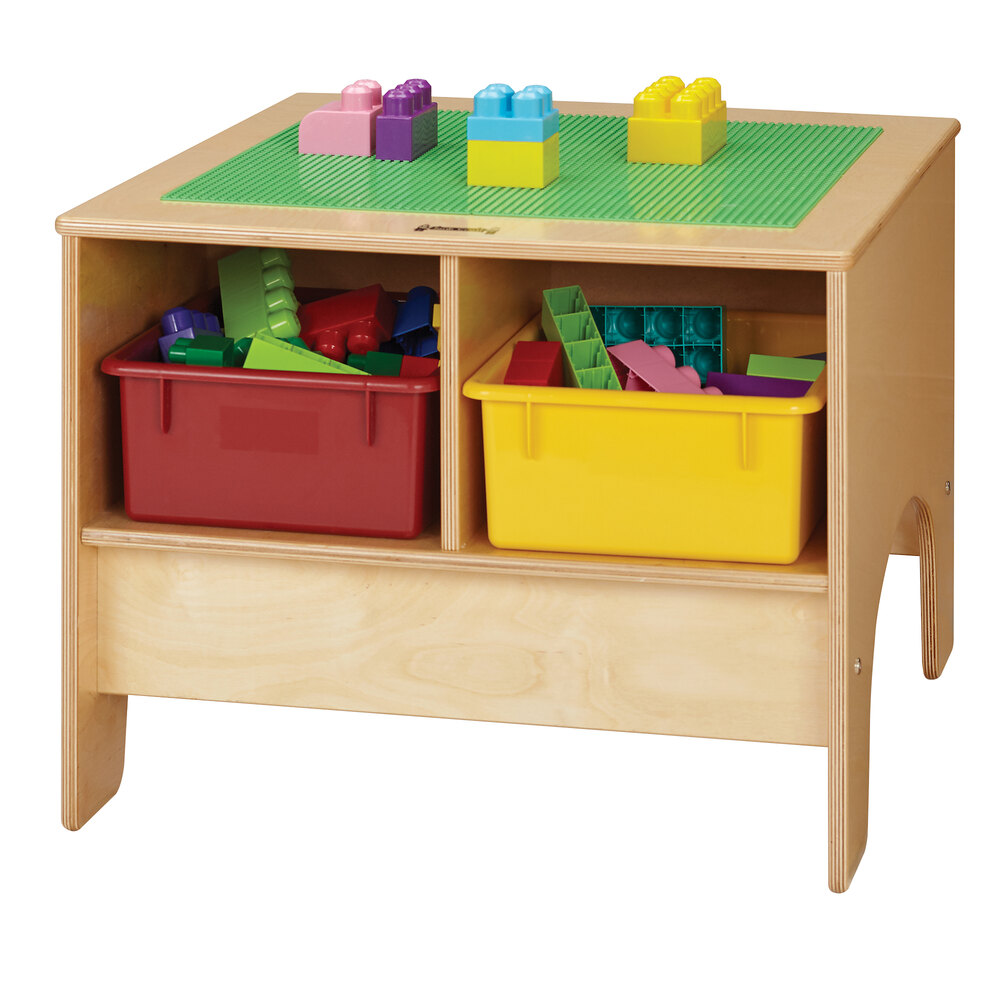 Jonti-Craft Baltic Birch 57459JC 28" x 25" x 19" KYDZ Preschool Brick Building Table with 4 Colored Tubs
