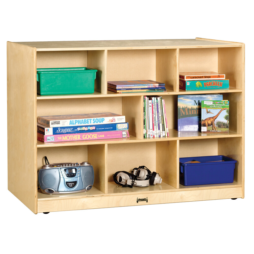 Jonti-Craft Baltic Birch 3291JC 48" x 28 1/2" x 35 1/2" Super-Sized Mobile 16-Section Double-Sided Wood Storage Island