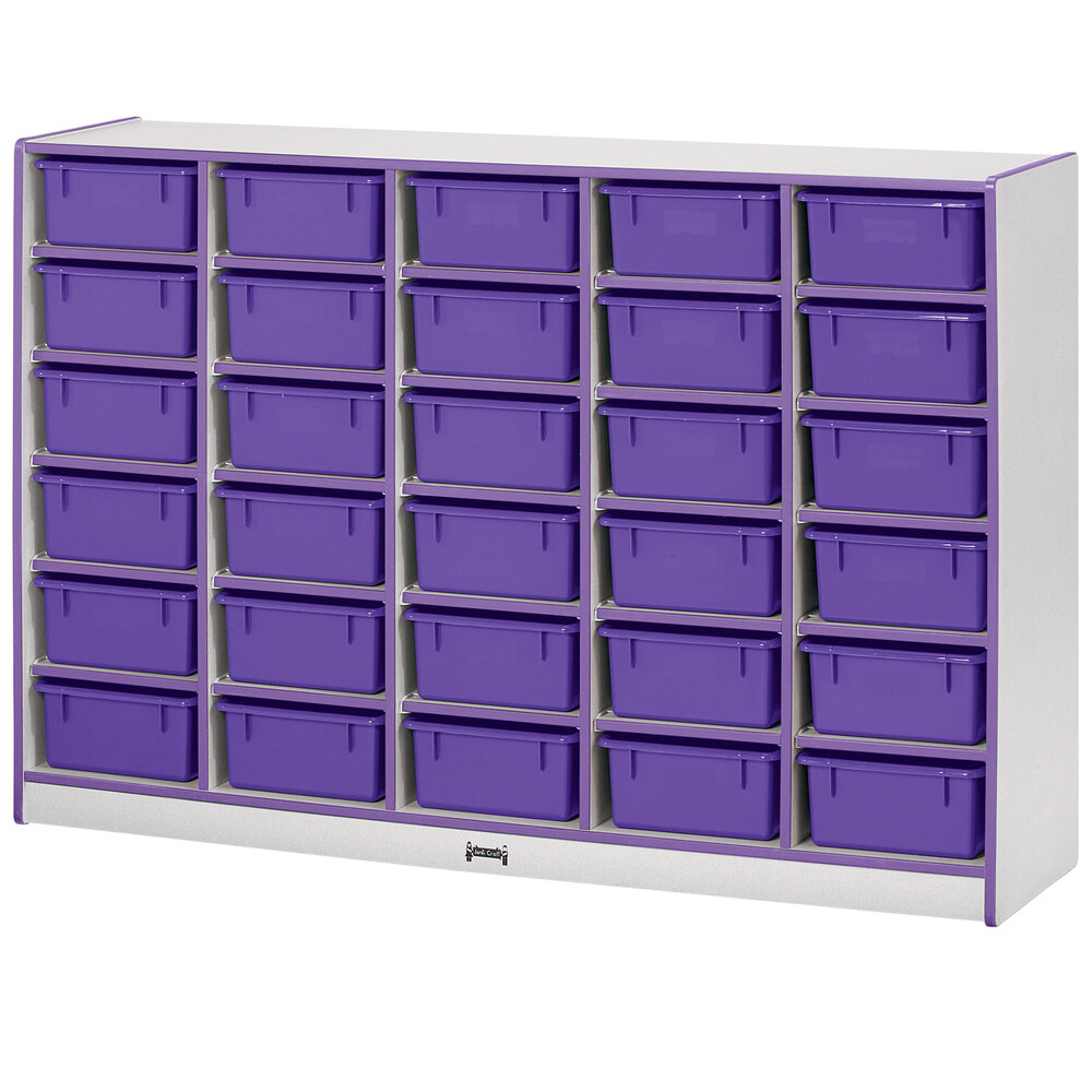 2001464.jpg Rainbow Accents 4031JCWW004 60" x 15" x 42" Mobile 30-Cubbie Purple TRUEdge Freckled-Gray Laminate Storage Cabinet with Purple Tubs