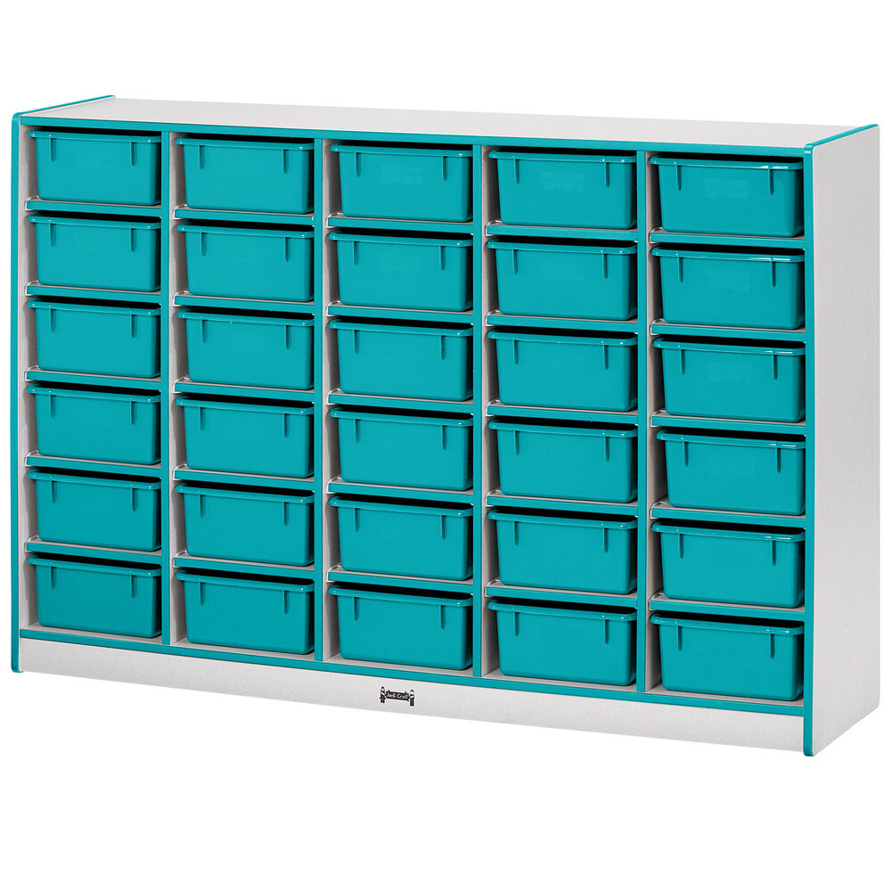 Rainbow Accents 4030JCWW005 60" x 15" x 42" Mobile 30-Cubbie Teal TRUEdge Freckled-Gray Laminate Storage Cabinet