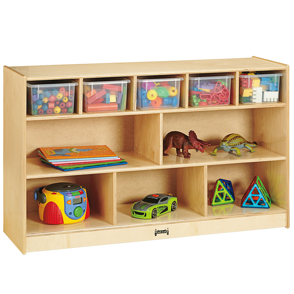 Jonti-Craft Baltic Birch 07170JC 48" x 15" x 29 1/2" Low Combo Mobile Wood Storage Unit with Clear Trays