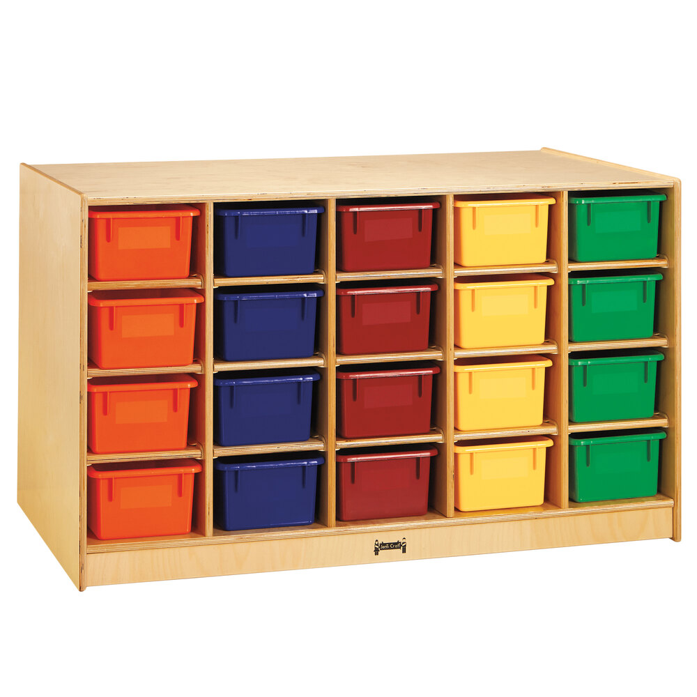 Jonti-Craft Baltic Birch 4425JC 48" x 28" x 29 1/2" Mobile 40-Cubbie Double-Sided Wood Storage Island with Colored Trays