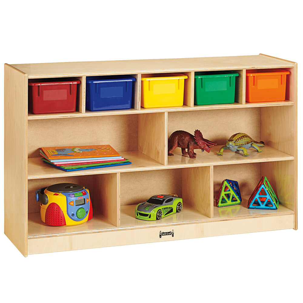 Jonti-Craft Baltic Birch 0717JC 48" x 15" x 29 1/2" Low Combo Mobile Wood Storage Unit with Colored Trays