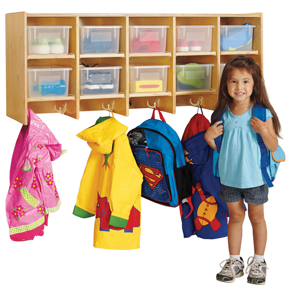 Jonti-Craft Baltic Birch 07710JC 10-Cubbie Wall Mount Coat Locker with Clear Trays