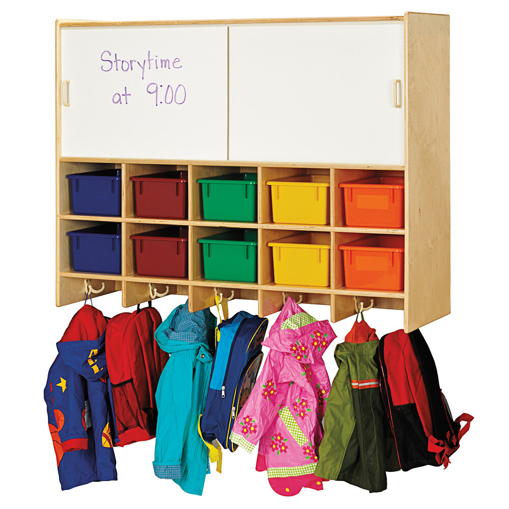 Jonti-Craft Baltic Birch 0809JC 10-Cubbie Wall Mount Coat Locker with Storage and Colored Trays
