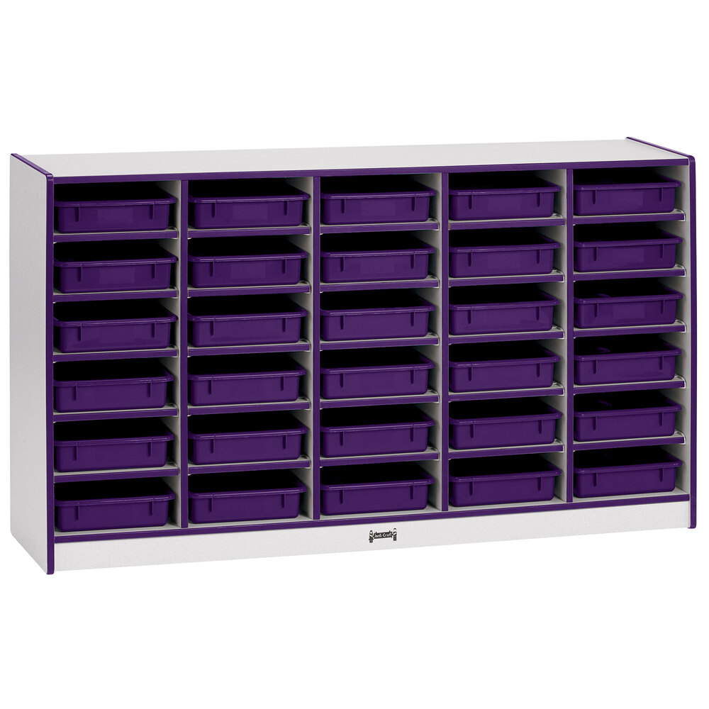 Rainbow Accents 0931JCWW004 60" x 15" x 35 1/2" Mobile 30-Slot Purple TRUEdge Freckled-Gray Laminate Communication Center with Purple Paper Trays