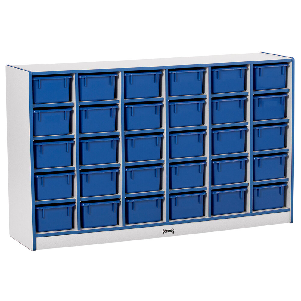Rainbow Accents 0431JCWW003 57 1/2" x 15" x 35 1/2" Mobile 30-Cubbie Blue TRUEdge Freckled-Gray Laminate Storage Cabinet with Blue Trays