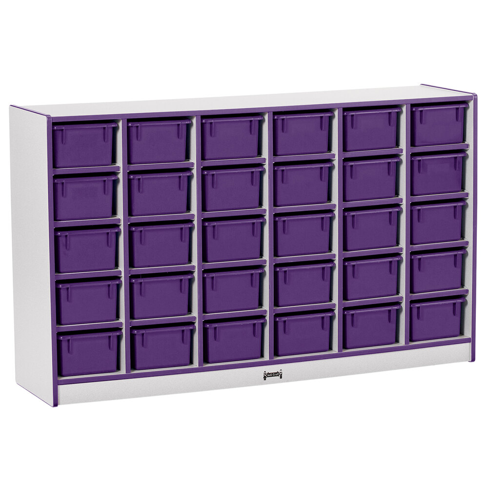 Rainbow Accents 0431JCWW004 57 1/2" x 15" x 35 1/2" Mobile 30-Cubbie Purple TRUEdge Freckled-Gray Laminate Storage Cabinet with Purple Trays