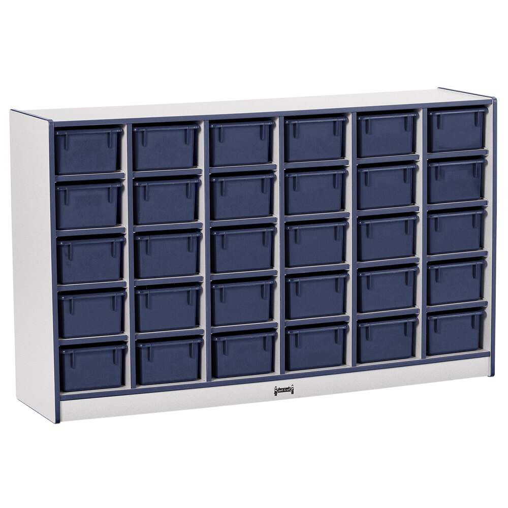 Rainbow Accents 0431JCWW112 57 1/2" x 15" x 35 1/2" Mobile 30-Cubbie Navy TRUEdge Freckled-Gray Laminate Storage Cabinet with Navy Trays