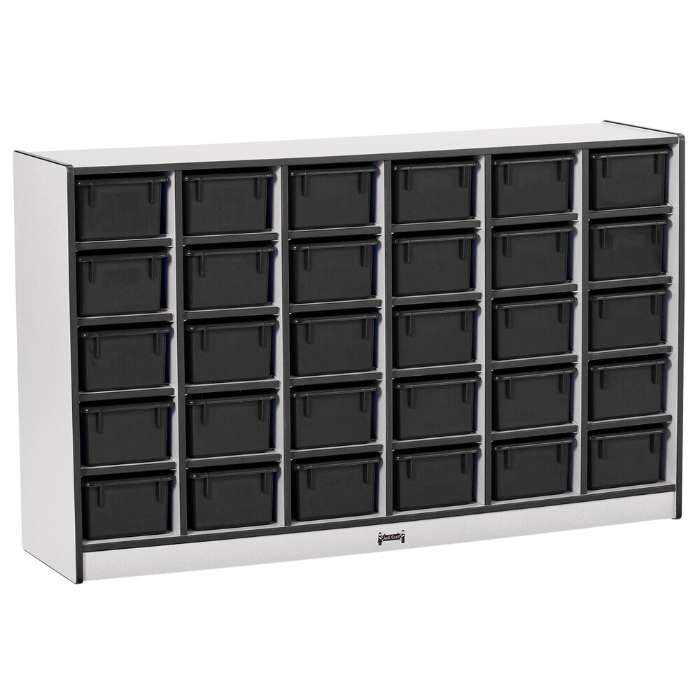 Rainbow Accents 0431JCWW180 57 1/2" x 15" x 35 1/2" Mobile 30-Cubbie Black TRUEdge Freckled-Gray Laminate Storage Cabinet with Black Trays