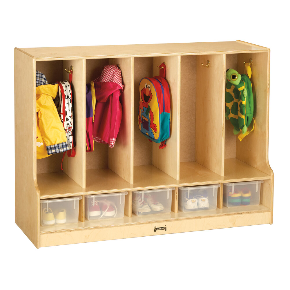 Jonti-Craft Baltic Birch 66850JC 48" x 17 1/2" x 35" Toddler-Height 5-Section Coat Locker with Step and Clear Bins