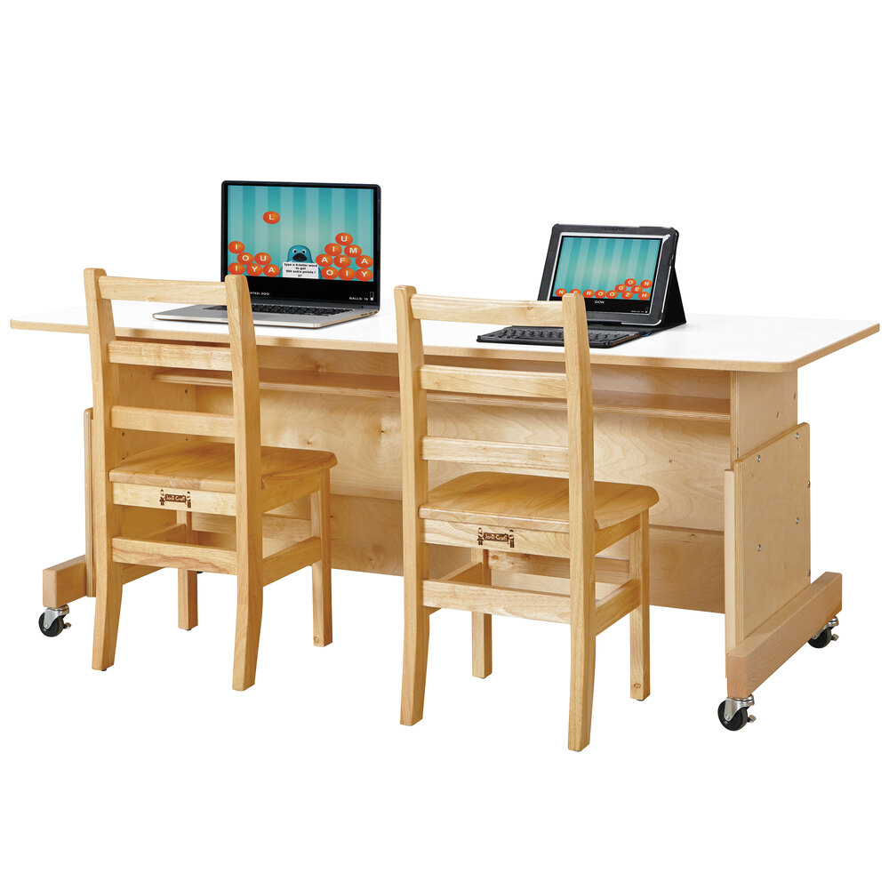 Jonti-Craft Baltic Birch 3357JC Apollo 60" x 24" x 30" Adjustable Height Mobile Natural TRUEdge Wood Double Computer Desk with White Laminate Top