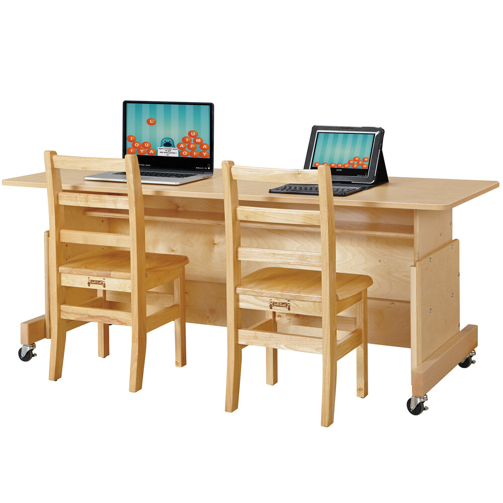 Jonti-Craft Baltic Birch 3358JC Apollo 60" x 24" x 30" Adjustable Height Mobile Natural TRUEdge Wood Double Computer Desk with Maple Laminate Top