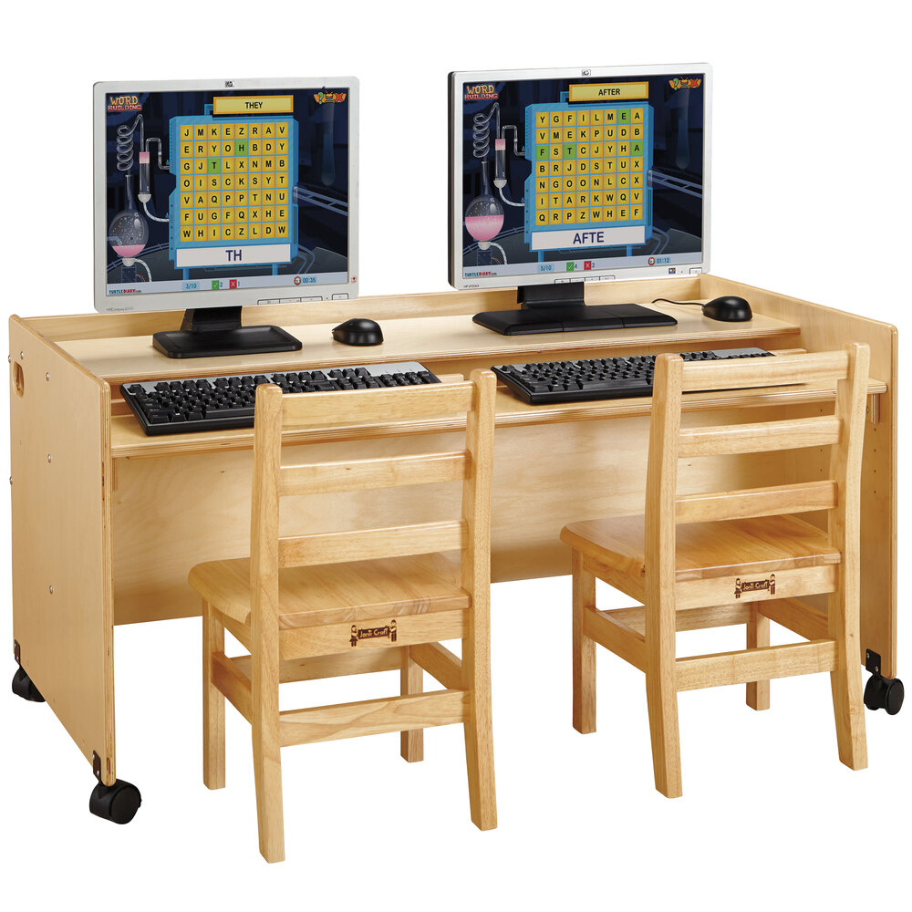 Jonti-Craft Baltic Birch 3488JC Enterprise 48" x 25 1/2" x 24" Mobile Natural TRUEdge Wood Double Computer Desk with Adjustable Keyboard Shelf