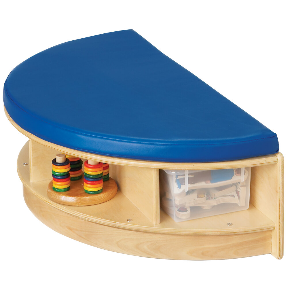 Jonti-Craft Baltic Birch 3760JC Read-a-Round 36" x 18 1/2" x 11" Wood Semi-Circle Seat with Padded Blue Seating and Clear Trays