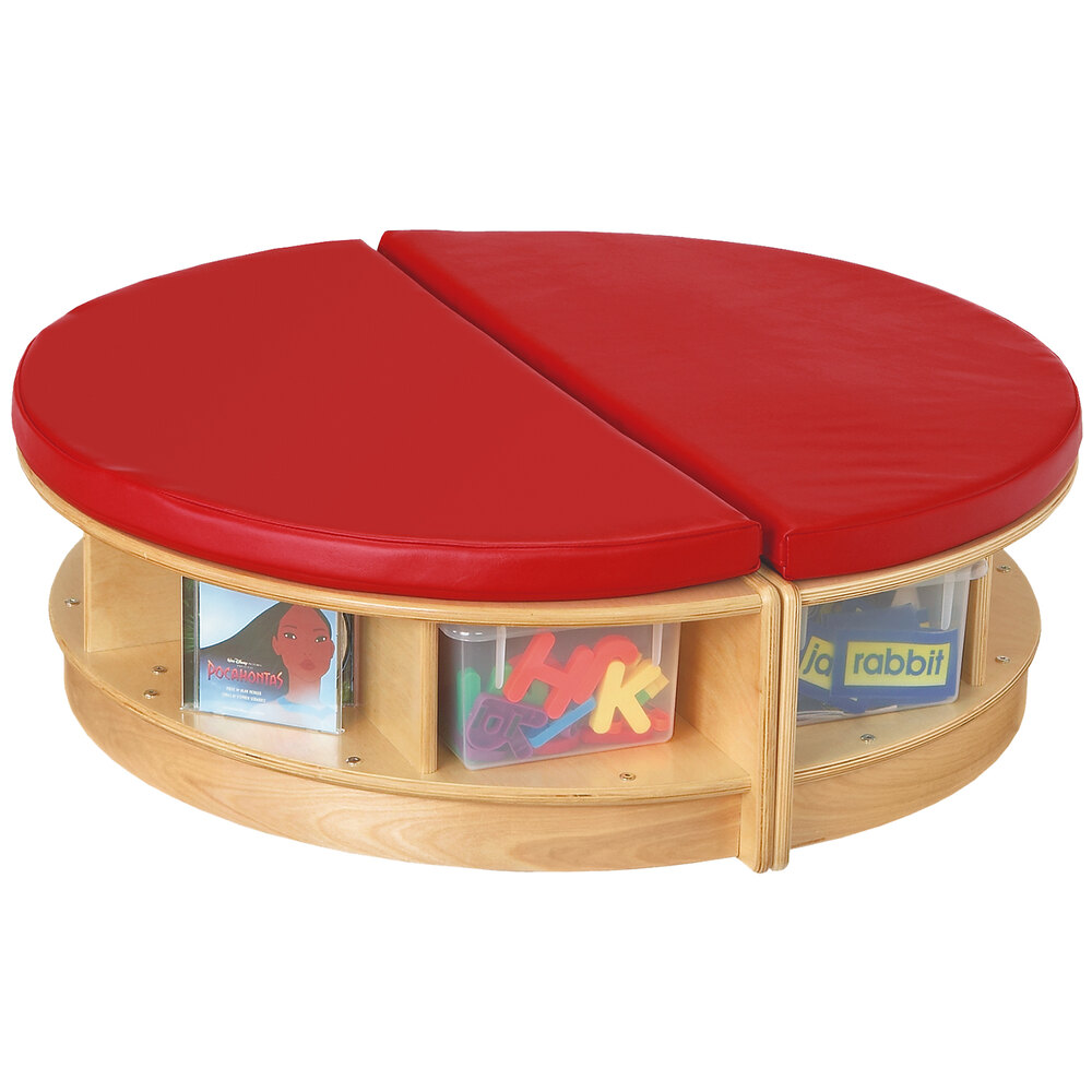 Jonti-Craft Baltic Birch 3759JC2 Read-a-Round 36" x 37" x 11" Wood Full-Circle Island with Padded Red Seating and Clear Trays