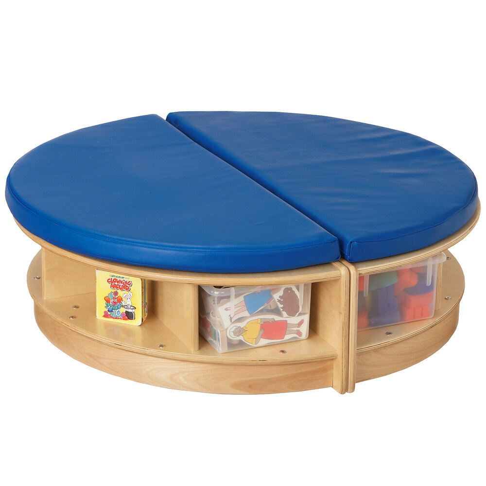 Jonti-Craft Baltic Birch 3760JC2 Read-a-Round 36" x 37" x 11" Wood Full-Circle Island with Padded Blue Seating and Clear Trays