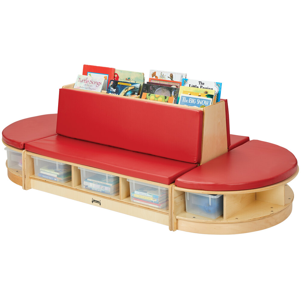 Jonti-Craft Baltic Birch 37660JC Read-a-Round 79" x 36" x 23 1/2" 3-Piece Wood Couch Set with Padded Red Seating and Clear Tubs / Trays