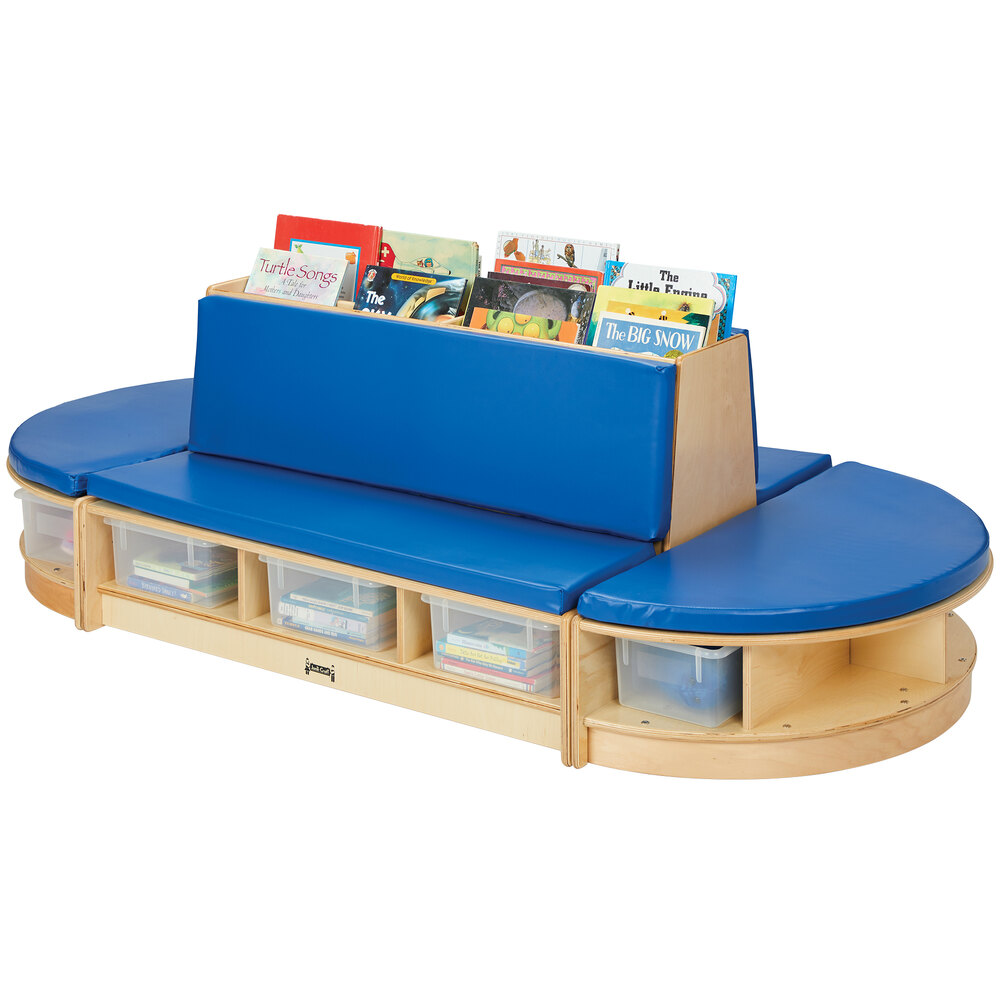 Jonti-Craft Baltic Birch 37680JC Read-a-Round 79" x 36" x 23 1/2" 3-Piece Wood Couch Set with Padded Blue Seating and Clear Tubs / Trays