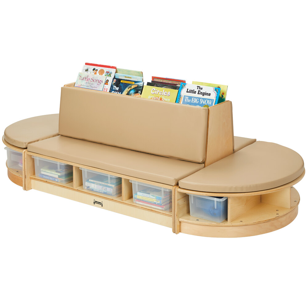 Jonti-Craft Baltic Birch 37770JC Read-a-Round 79" x 36" x 23 1/2" 3-Piece Wood Couch Set with Padded Wheat Seating and Clear Tubs / Trays
