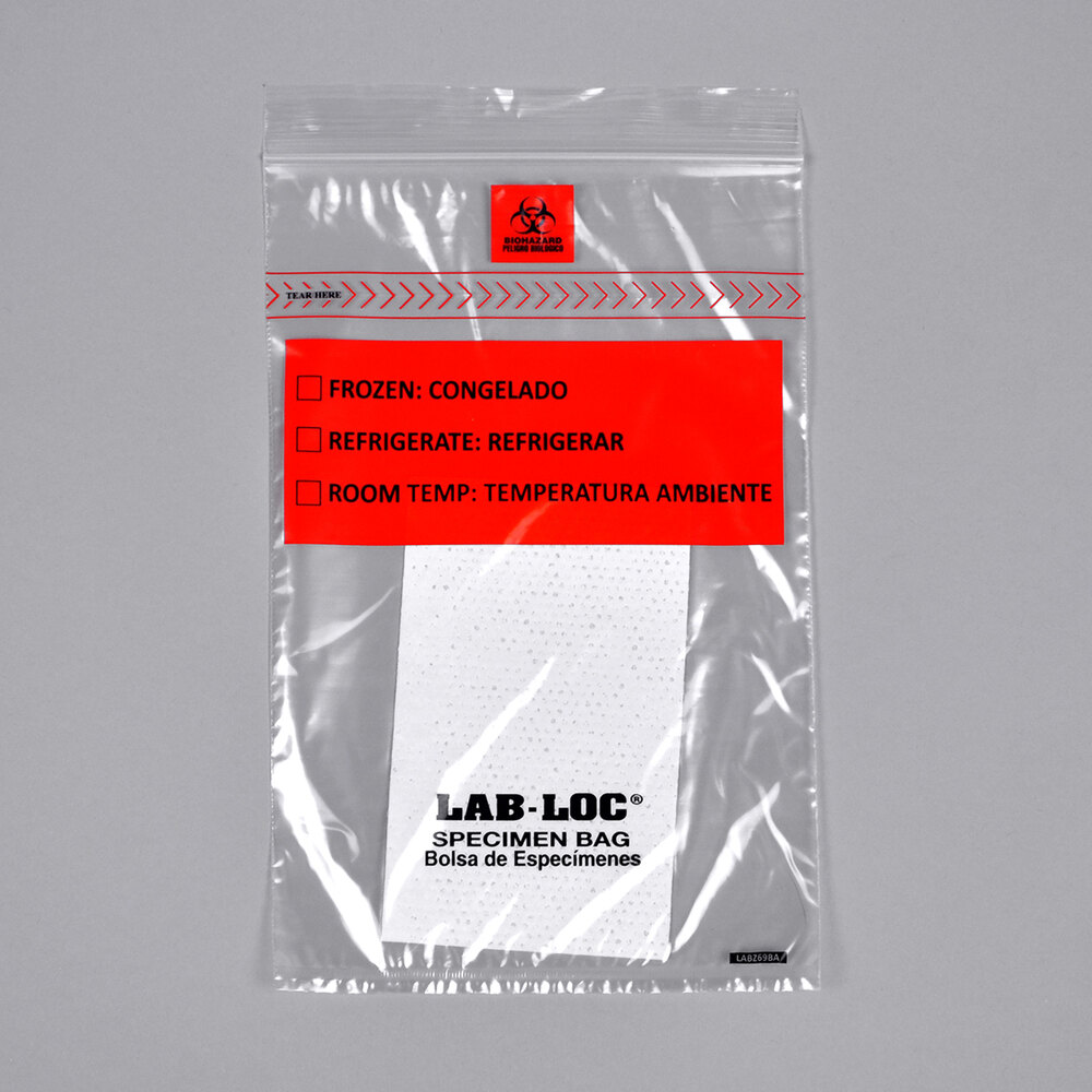 LK Packaging LABZ69BA Lab-Loc 6" x 9" Seal-N-Rip Reclosable 3-Wall Specimen Transfer Bag with Removable Biohazard Symbol and Absorbent Pad - 1,000/Case