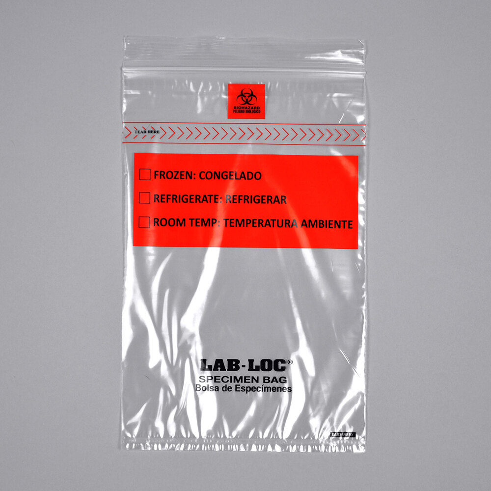 LK Packaging LABZ69BBX Lab-Loc 6" x 9" Seal-N-Rip Reclosable 3-Wall Specimen Transfer Bag with Removable Biohazard Symbol - 1,000/Case