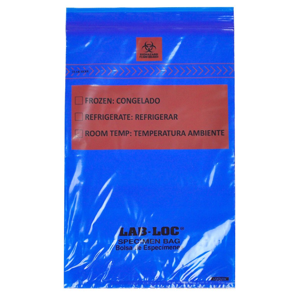 LK Packaging LABZ69BL Lab-Loc 6" x 9" Seal-N-Rip Reclosable Blue Tint 3-Wall Specimen Transfer Bag with Removable Biohazard Symbol - 1,000/Case