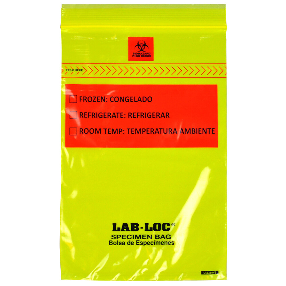 LK Packaging LABZ69YE Lab-Loc 6" x 9" Seal-N-Rip Reclosable Yellow Tint 3-Wall Specimen Transfer Bag with Removable Biohazard Symbol - 1,000/Case
