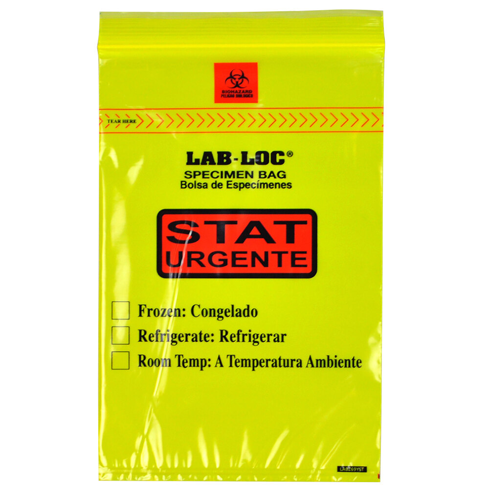 LK Packaging LABZ69YST Lab-Loc 6" x 9" Seal-N-Rip Reclosable "STAT" Yellow Tint 3-Wall Specimen Transfer Bag with Removable Biohazard Symbol - 1,000/Case