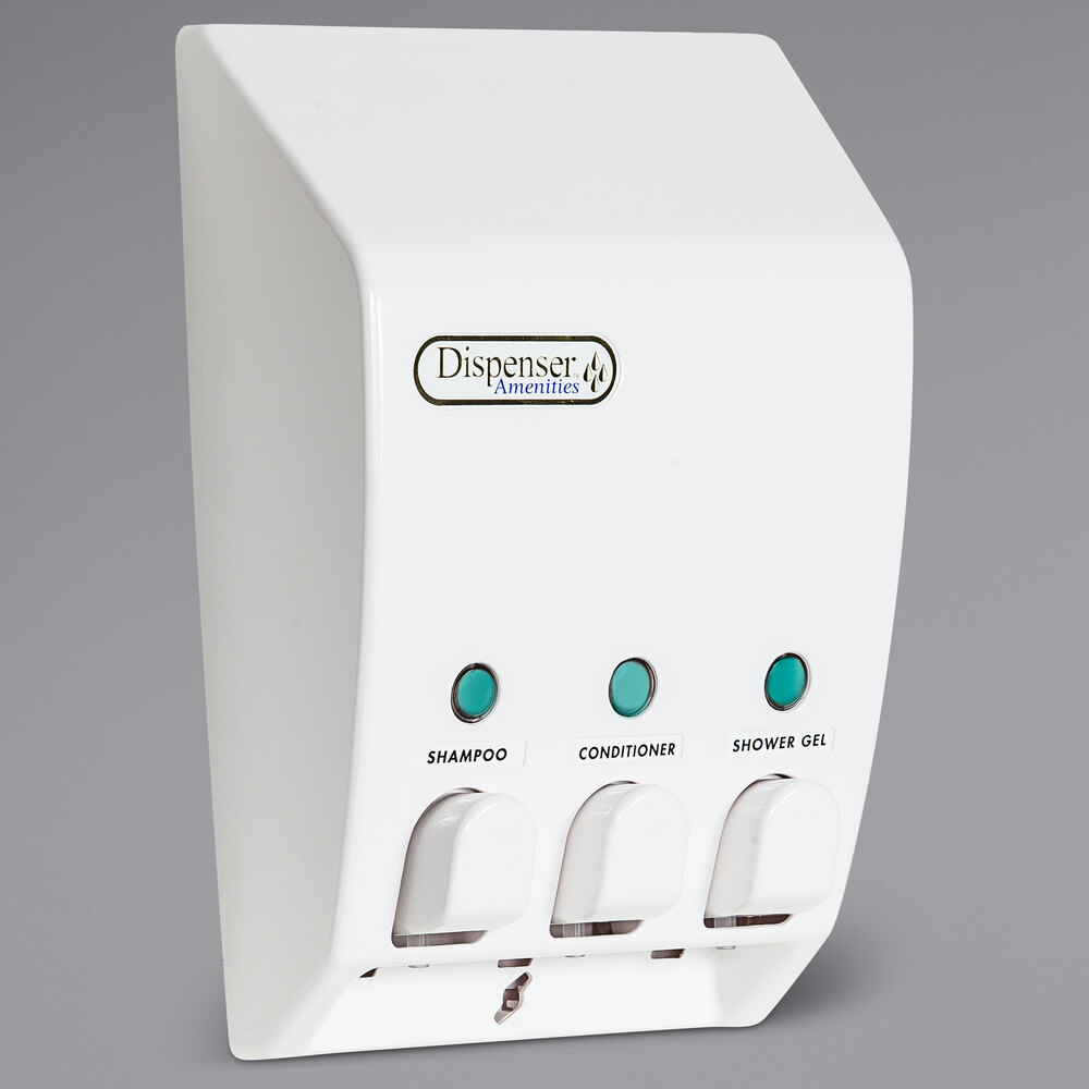 Dispenser Amenities 31350 Classic 43.5 oz. White 3-Chamber Wall Mounted Locking Bulk Amenity Dispenser