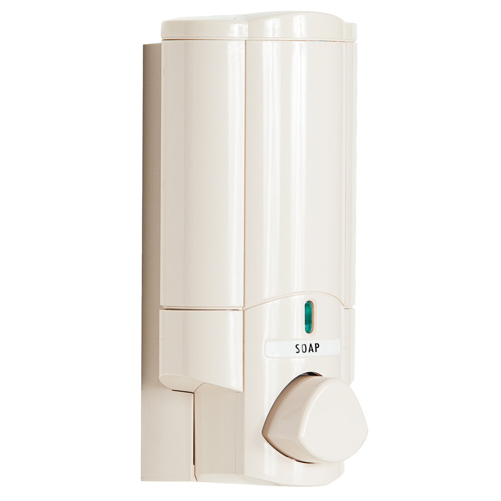 Dispenser Amenities 37170-SPBX Aviva 10 oz. Solid Vanilla Wall Mounted Locking Shower Dispenser with Bottle and Soapbox Logo