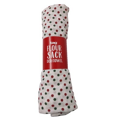TAG Holiday Flour Sack Dishtowel, Red & Green Dots (209050B)