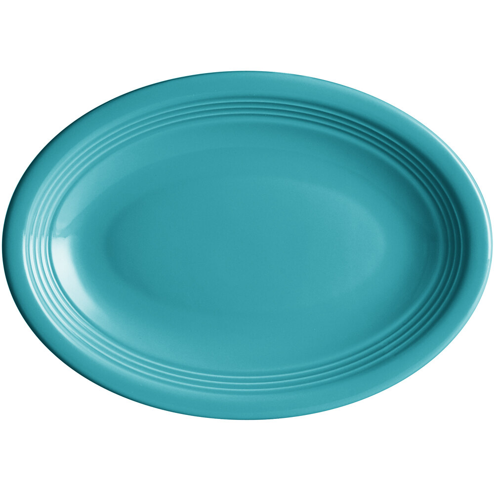 Acopa Capri 9 3/4" x 7" Caribbean Turquoise Oval Stoneware Coupe Platter - Sample