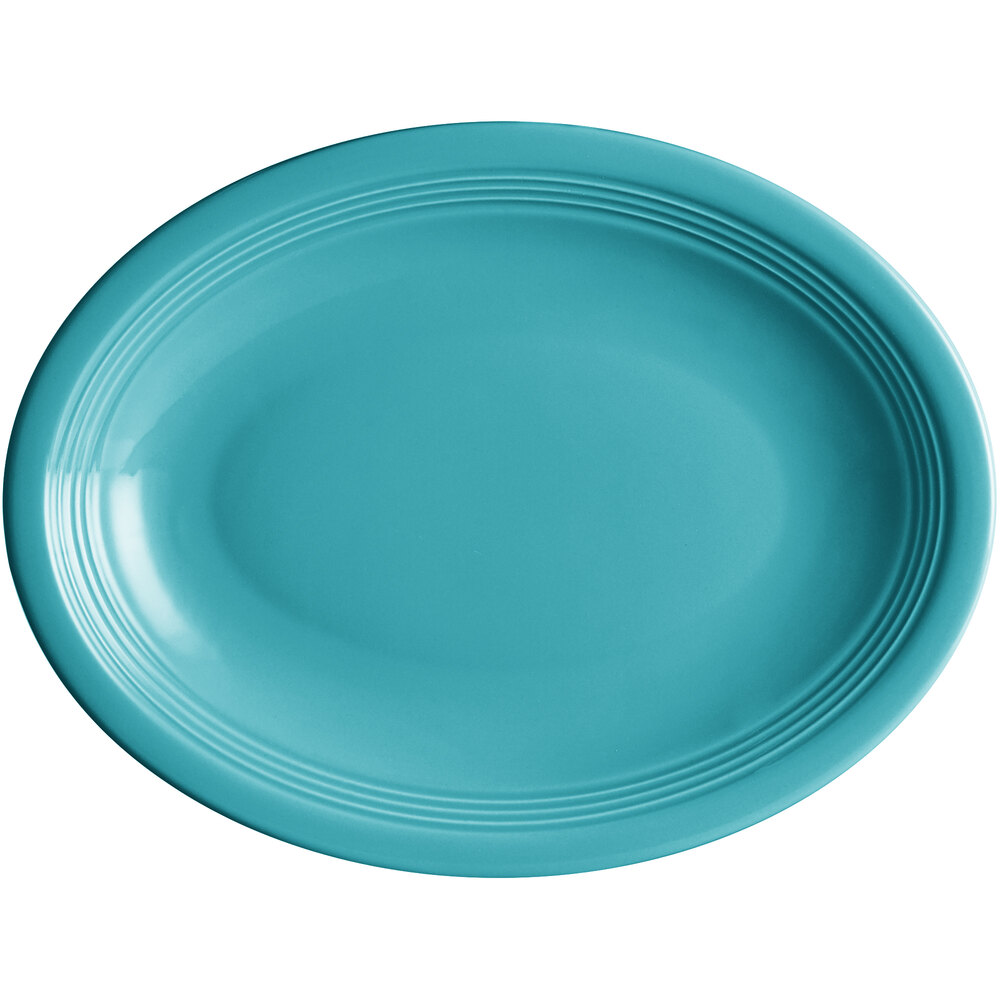 Acopa Capri 11 1/2" x 8 3/4" Caribbean Turquoise Oval Stoneware Coupe Platter - Sample