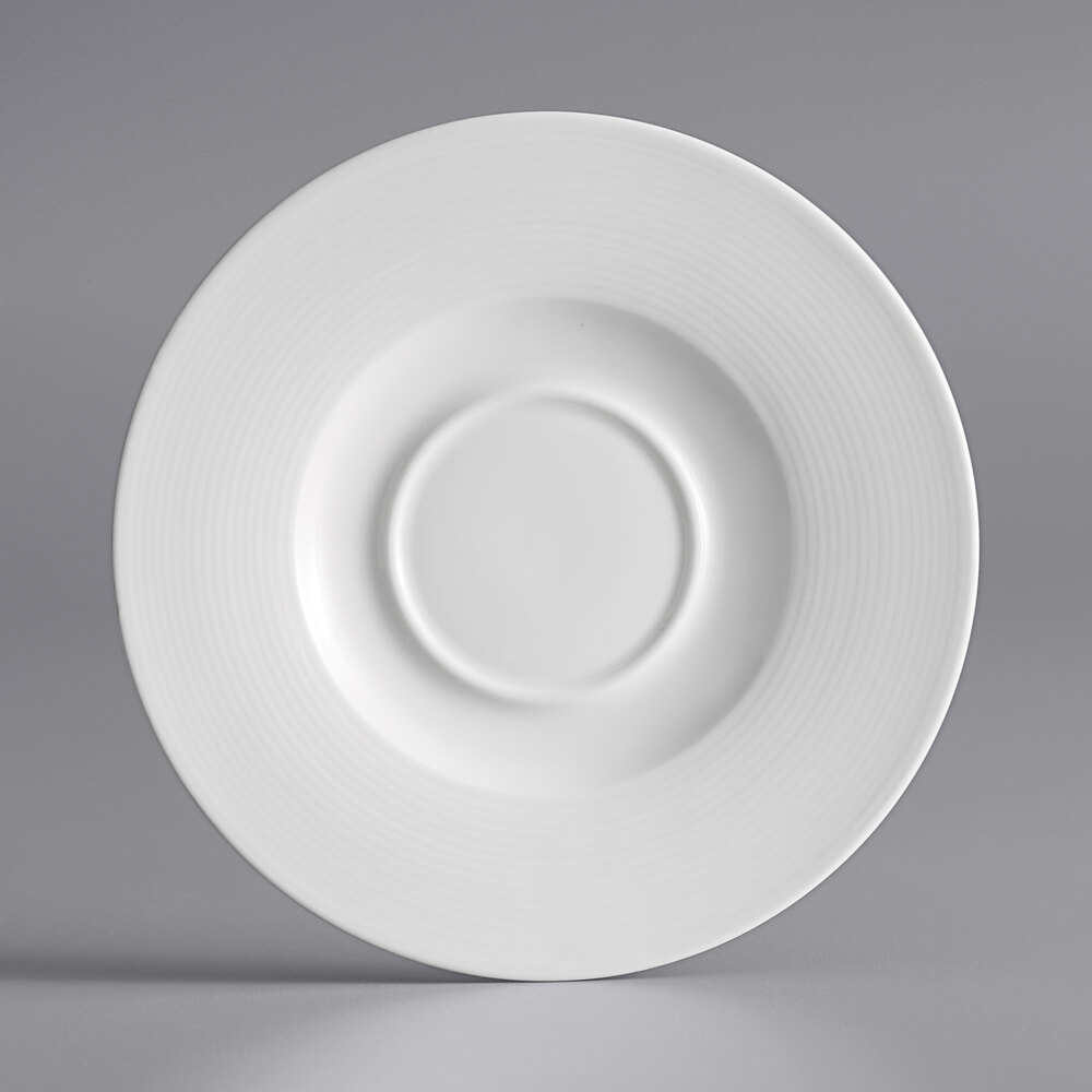 Acopa Liana 6" Bright White Embossed Lines Wide Rim Porcelain Saucer - Sample