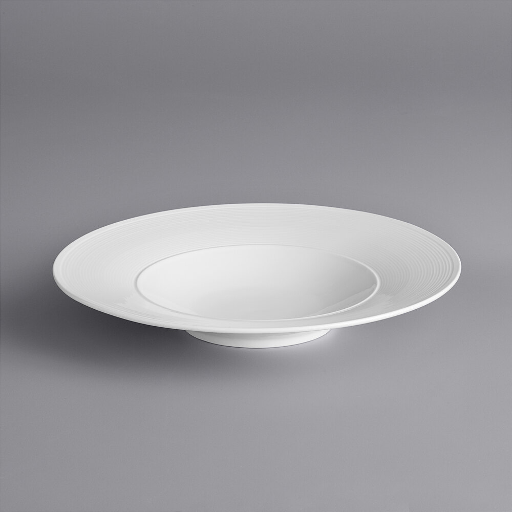Acopa Liana 12 oz. Bright White Embossed Lines Wide Rim Porcelain Pasta Bowl - Sample